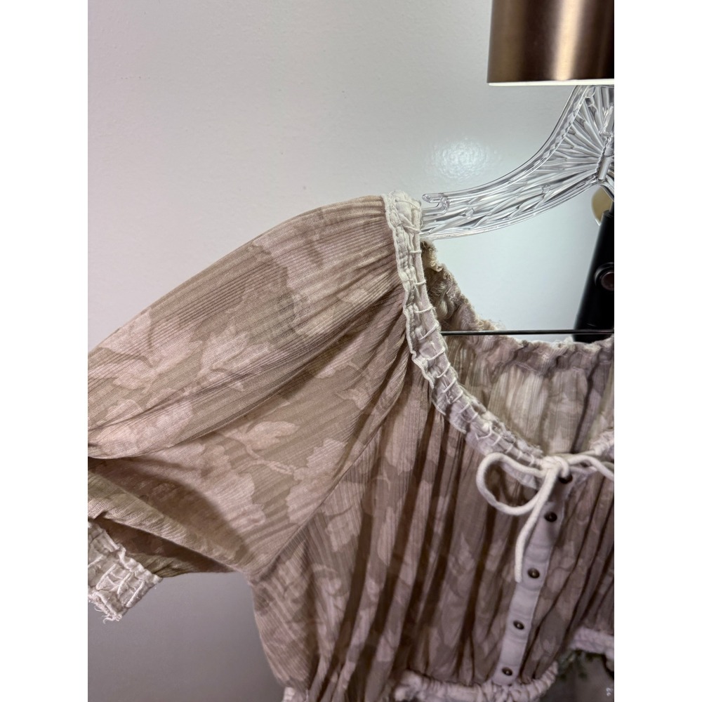 Free People Floral Mesh Puff Sleeve Crop Top Taupe Beige XS Bohemian Peasant - Picture 4 of 6